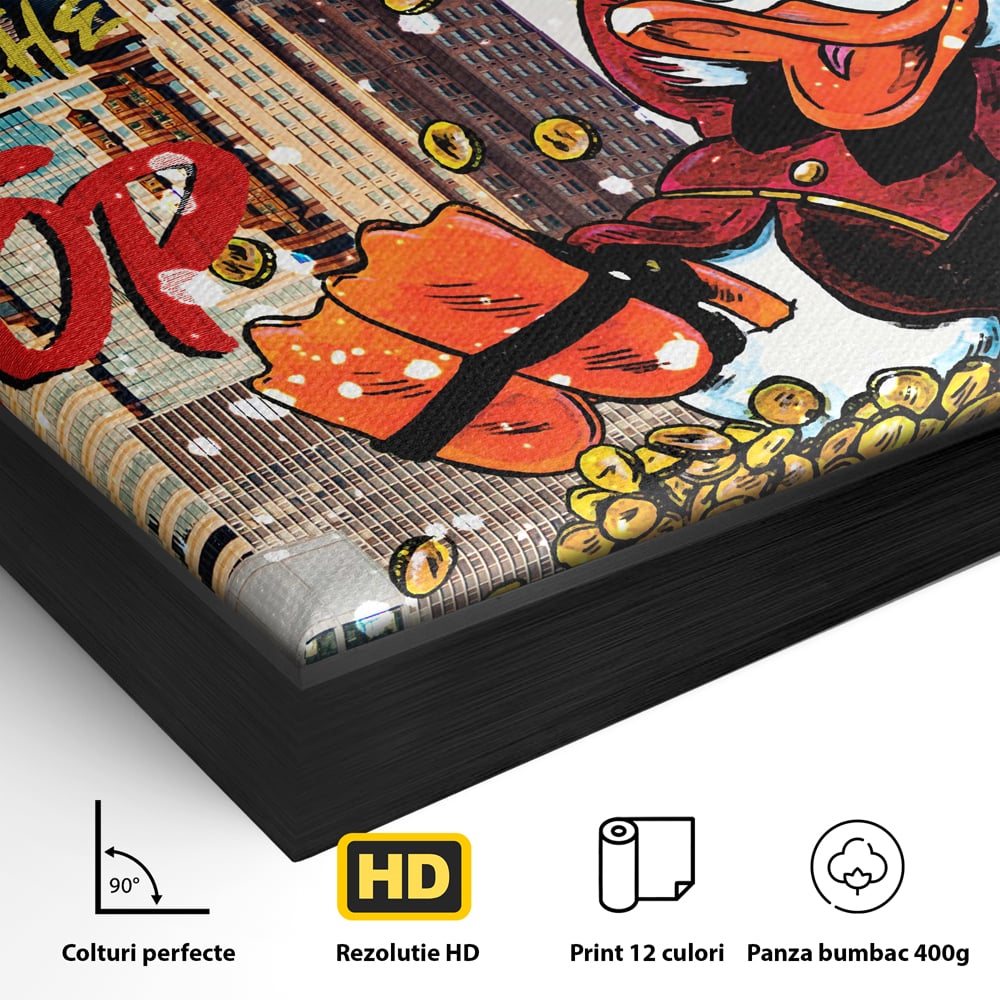 Detaliu al suprafetei: tablou canvas cu scrooge mcduck pe munte de bani, in rama de aluminiu negru